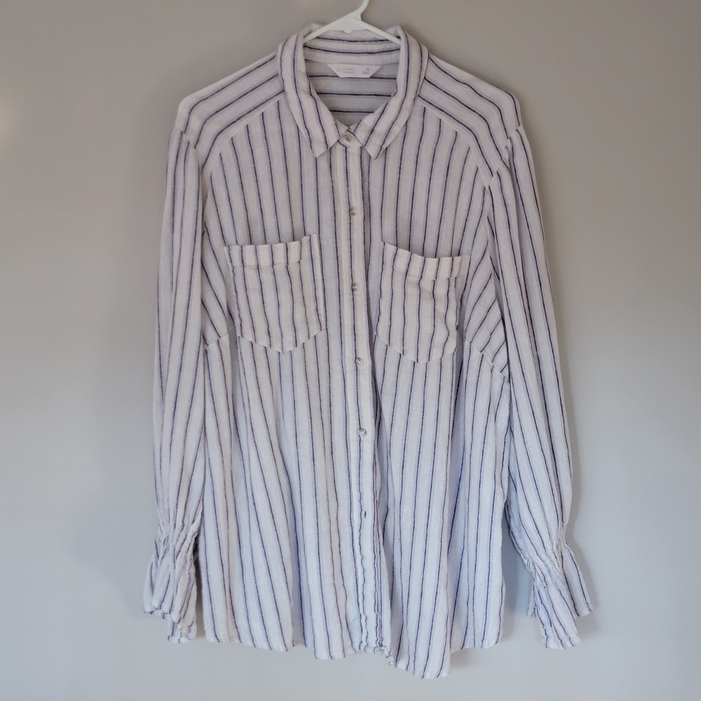 LC Lauren Conrad Womens White and Blue Striped Shirt